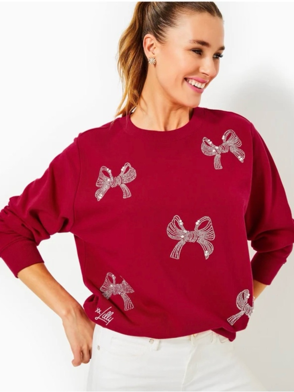 Lilly Pulitzer Wine Red Bow Embellished Crewneck Sweatshirt